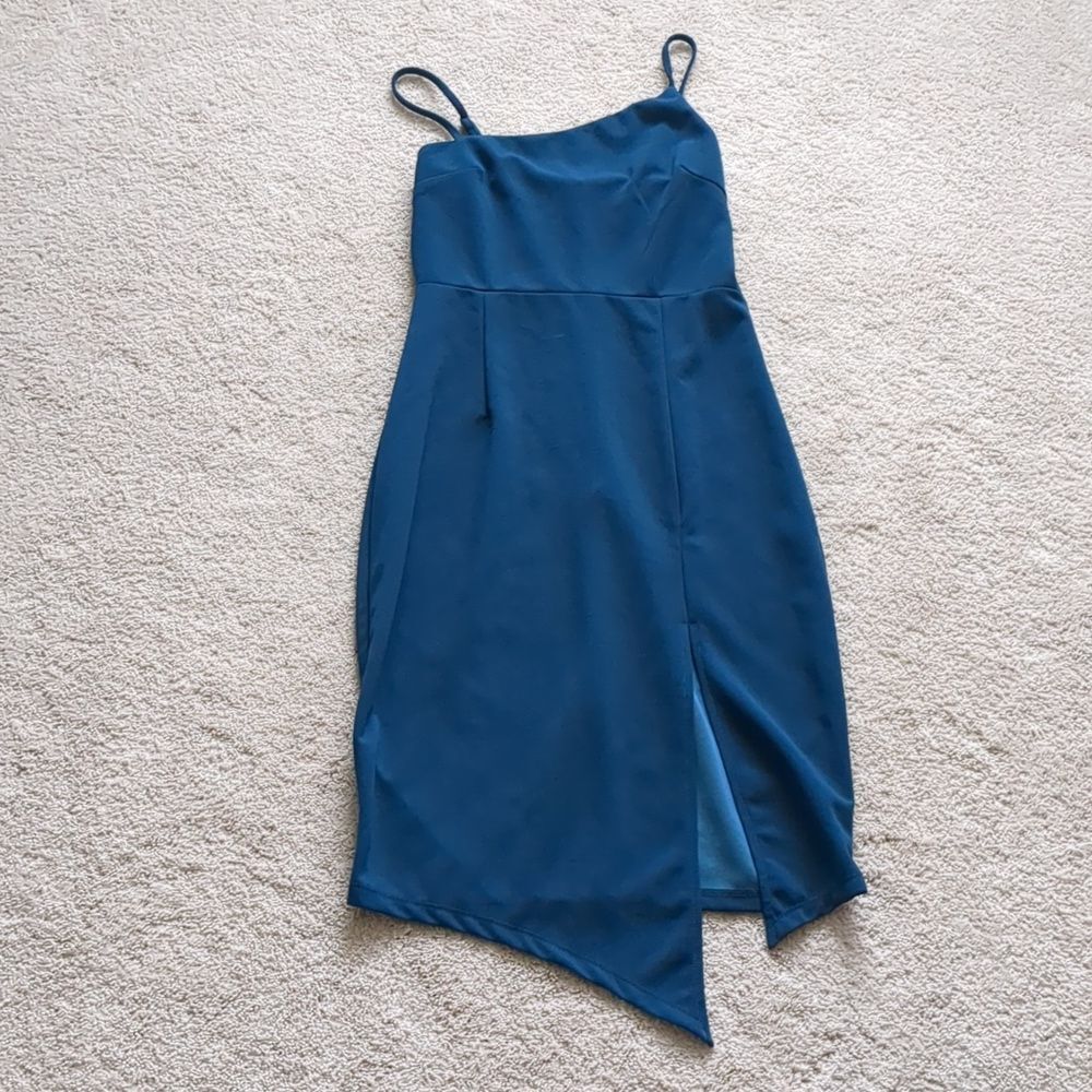 Lulu's Shape the Night Dark Teal Blue Asymmetrical Midi Dress Size M